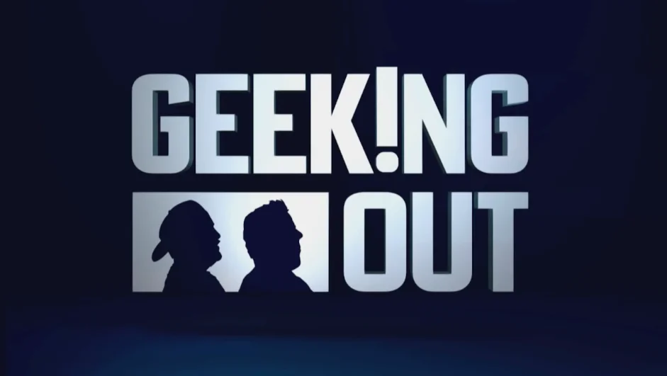 Geeking Out title card for AMC, silver logotype with host silhouettes