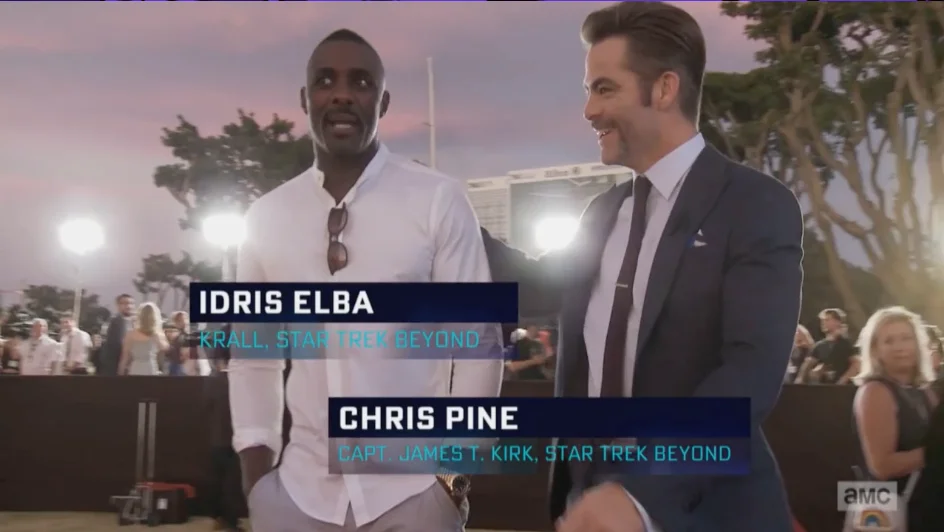 Geeking Out lower thirds titling Idris Elba and Chris Pine on the red carpet