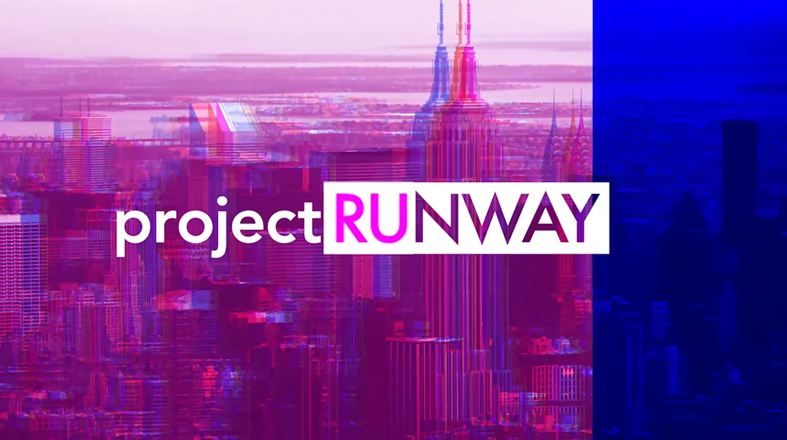 Project Runway logo card over a sliced and recolored New York skyline