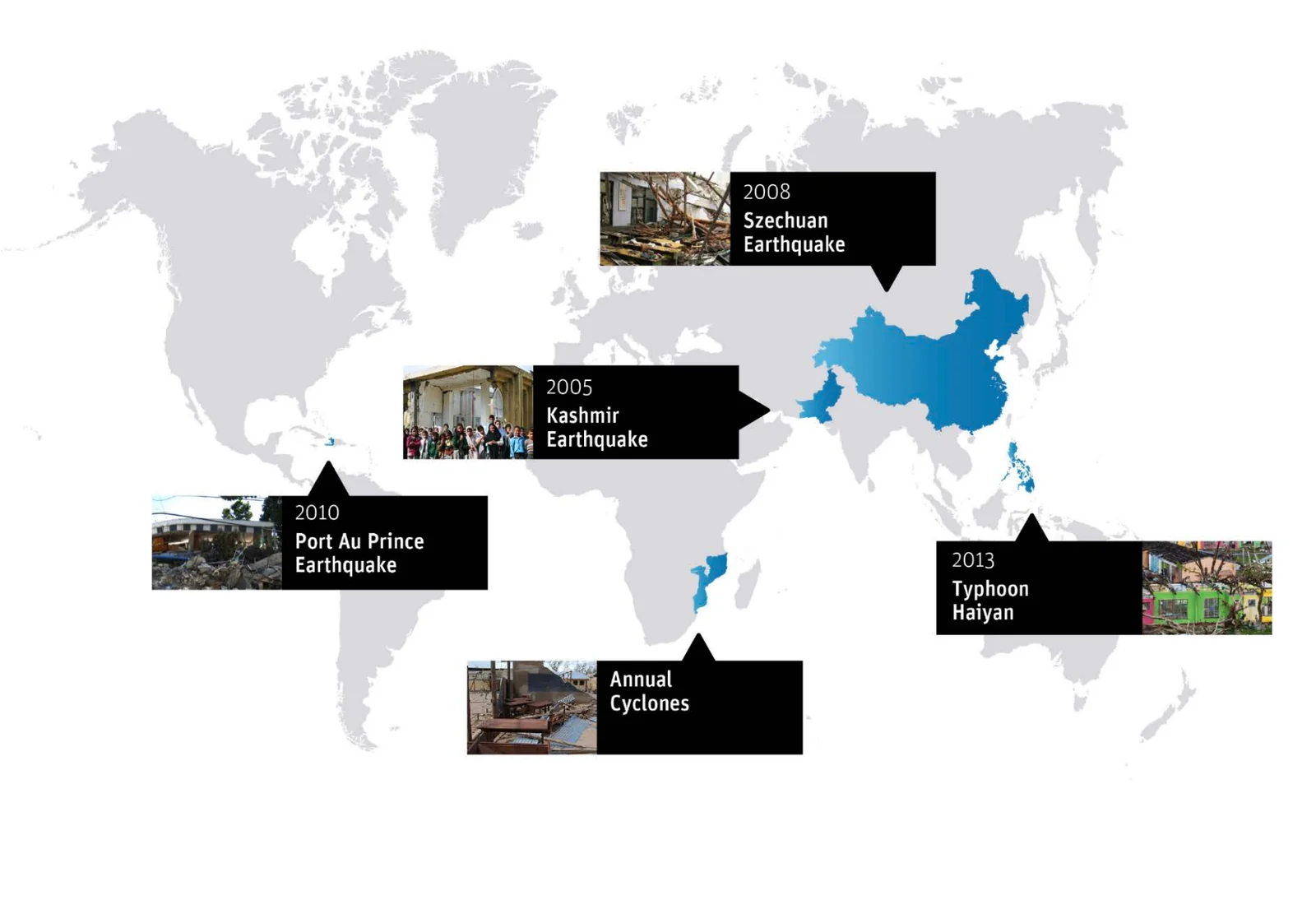 World map timeline of major disasters including Kashmir, Szechuan, Port Au Prince and Typhoon Haiyan