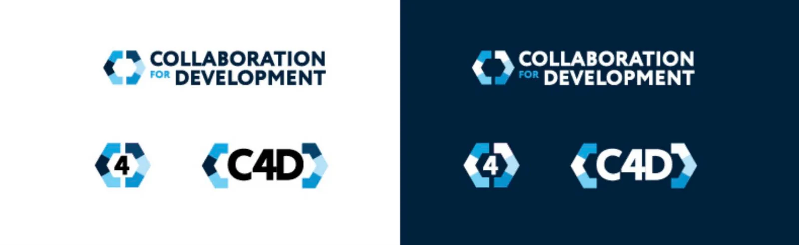 Collaboration for Development identity, full lockup and C4D marks on light and dark